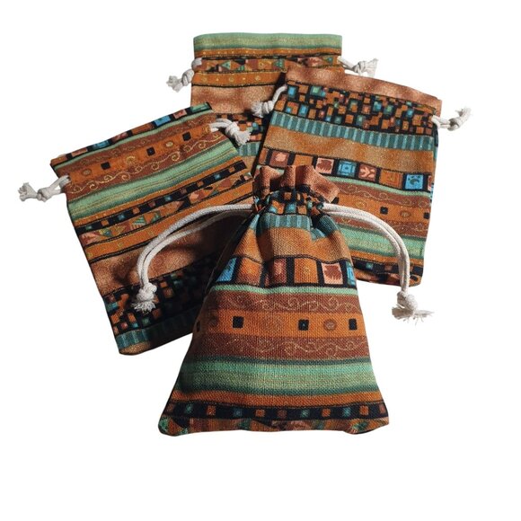Southwestern Fabric Drawstring Pouches Set Of 4 Multicolor Geometric Pattern Han - Picture 4 of 4